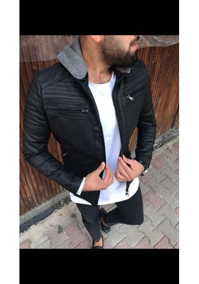 Oliggopol Erkek Günlük Spor Deri Ceket Kapşonlu Vol... Siyah