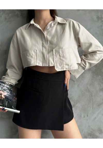 Defymoda Poplin Crop Gömlek Bej S3060 Bej