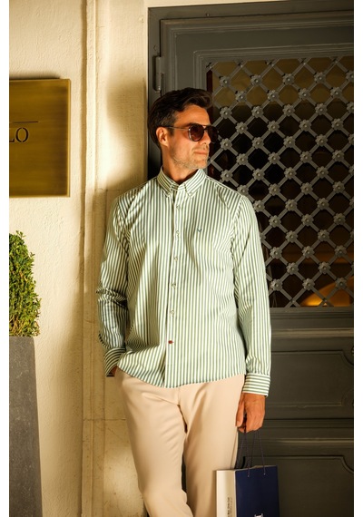 Slim Fit Uzun Kol Likralı Çizgili Yaka Düğmeli Hediye Kutulu Erkek Gömlek Fs-003669 - Yeşil-2431