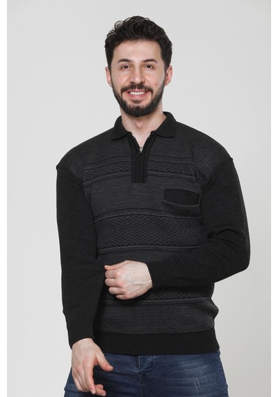 Kzc Tekstil Erkek Baba Orta Yaş Ve Üzeri Triko Örgü Akrilik Kışlık Regular Fit Cepli Fermuarlı Polo Yaka Kazak Antrasit