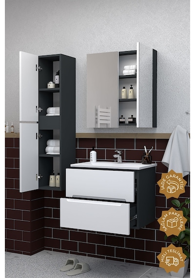 Teta Home Kopenhag 65 Cm Mdf Gövde Membran Kapak Banyo Dolabı Seti + Boy Dolabı Antrasit - Beyaz Teta Home Kopenhag 65 Cm Mdf Gövde Membran Kapak Banyo Dolabı Seti + Boy Dolabı Antrasit - Beyaz
