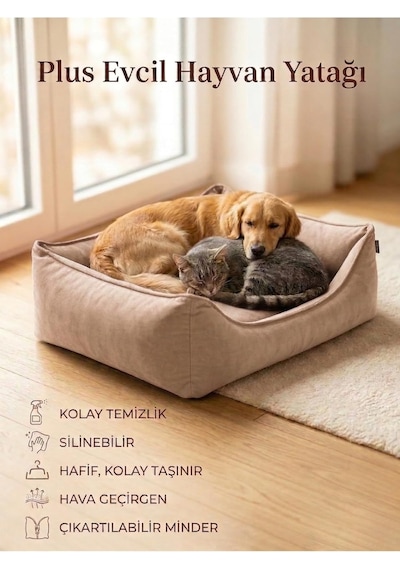 Plus Silinebilir Kedi Köpek Yatağı, Koltuk Kumaşı, Çıkartılabilir Minder, Bej, Xl