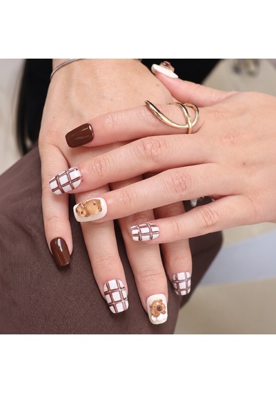Kahverengi Nail Art Kısa Kare 10'lu Tekrar Kullanılabilir El Yapımı Protez Takma Tırnak Kkkr1575 M