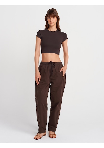 Dilvin 31810 Bisiklet Yaka Crop T-shirt-koyu Kahve Koyu Kahve