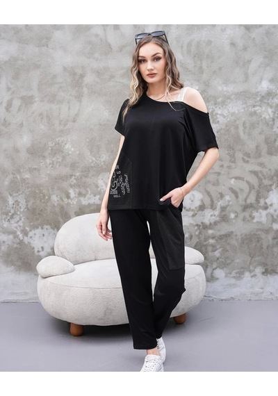 Defymoda Kadın Kayık Yaka Baskı Detay Salaş Bluz Ve Yüksek Bel Pantolon Ikili Takım Siyah