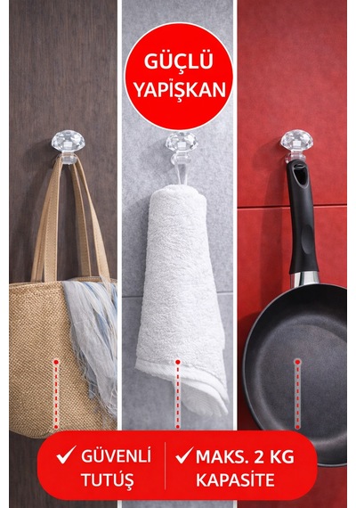4'lü - 2026 Şeffaf Kristal Kulp Yapışkanlı Mini Kapı Kulpu, Tuvalet Kapağı & Dolap Çekmece Kulbu Diğer