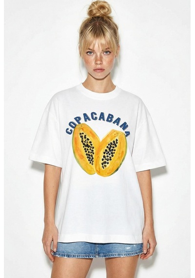 Shade Kadın Pamuk Bisiklet Yaka Papaya Baskılı Oversize T-shirt Öt261006 60286080 - Beyaz Standart