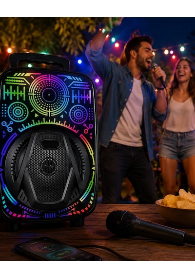 Hubrendy Tekno 8 İnç Taşınabilir Karaoke Hoparlör Mikrofonlu Rgb Işıklı Bluetooth Speaker
