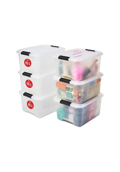 Kapaklı Plastik Saklama Kutuları, 15l, 6'lı Set, Şeffaf
