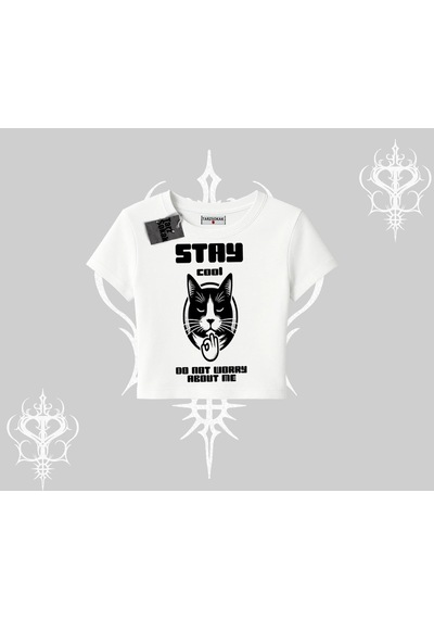 Tarzsokak Cuteness Overload Kedi Baskılı Oversize Crop Tshirt Beyaz