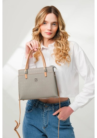 Just Polo 5 Bölmeli Şık El & Omuz Çantası Shoulder Bag Ebat : 22 X 25 Cm Gri - Camel