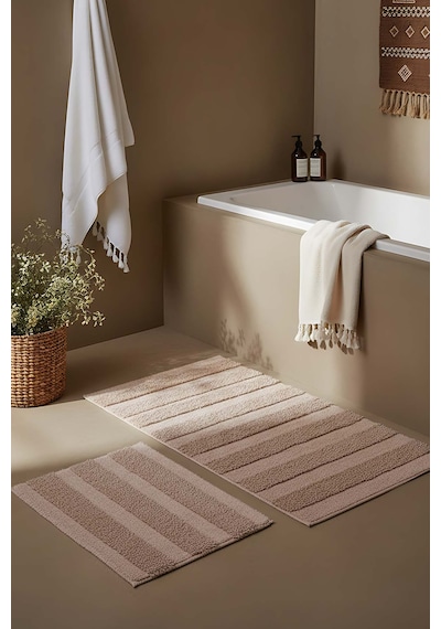 Bej Kabartmalı Çizgili 2 Li Banyo & Klozet Paspas Takımı Bej