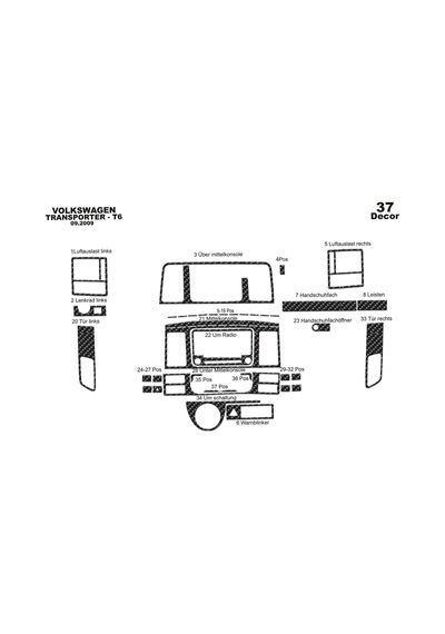 Volkswagen Transporter T6 Torpido Kaplama 2009-2014 37 Parça Karbon