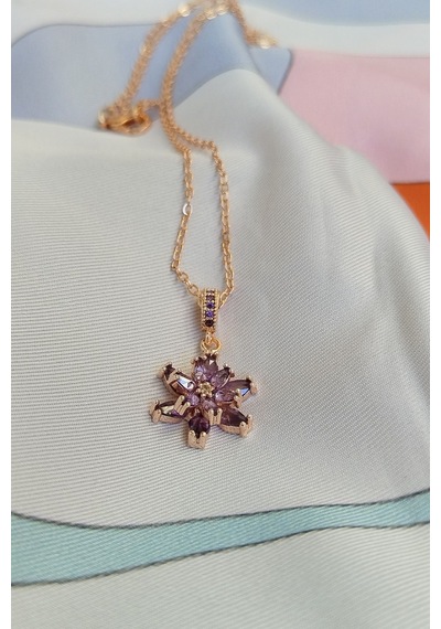 Ervanur Kadın Rose Altın Kaplama Mor Taşlı Tepelikli Lotus Çiçeği Kolye Mor