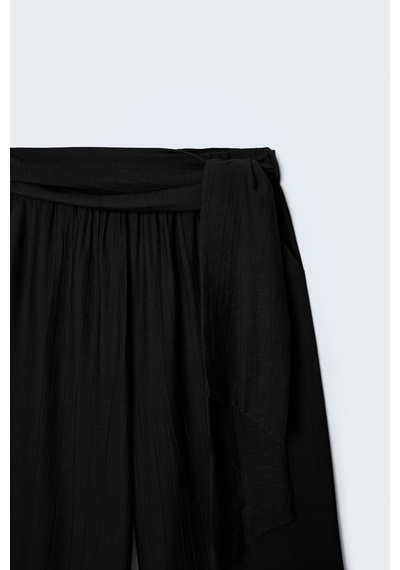 Sateen Kuşaklı Pantolon - Siyah-137697