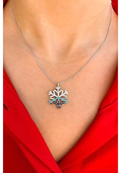 Brezza Lusso Jewelry Kar Tanesi Firuze Taşlı Mavi Geçişli Kadın Gümüş Kolye 45 CM