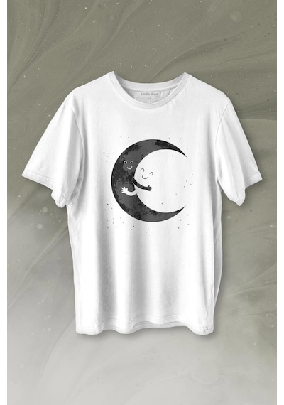 Uzayda Sarılan Ay Aşık Smile Cosmos Gülümsemesi Baskılı Tişört Unisex T-shirt 001