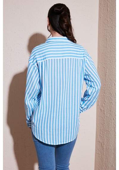 Fashion Friends Pamuklu Çizgili Oversize Uzun Kollu Gömlek Gömlek 26y0670k1 Mavi