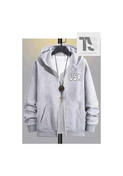 Tarzsokak Örme Kumaş Baskılı Fermuarlı Kapüşonlu Sweatshirt Gri
