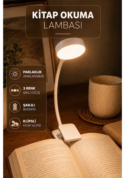 Şarjlı Ayarlı Klipsli Mini Kitap Okuma Lambası Mandallı Işık Masa Lambası Kitap Okuma Işığı Av3310 Beyaz