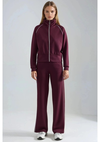 Fiolin Modal Dokulu Fermuarlı Sweatshirt & Pantolon İkili Takım Bordo