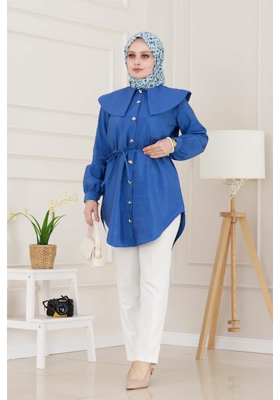 Sevitli Beli Bağcık Detaylı Geniş Yaka Tunik-indigo-4994 Indigo