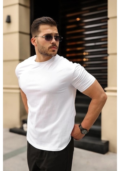 Valensdesign Erkek Kolları Dar Kesim Rahat Kalıp Basic Tişört Beyaz