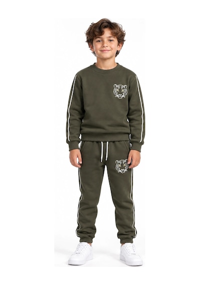 Rony Pony Kids Haki Kaplan Nakışlı 3 İplik Çocuk Eşofman Takımı Bisiklet Yaka Biyeli Sweatshirt Ve Jogger Alt Rony Pony Kids Haki Kaplan Nakışlı 3 İplik Çocuk Eşofman Takımı Bisiklet Yaka Biyeli Sweatshirt Ve Jogger Alt