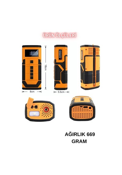 Taşınabilir Araç Akü Takviye Cihazı Jump Starter & 150 Psı Dijital Ekranlı Akıllı Hava Kompresörü 1 Adet