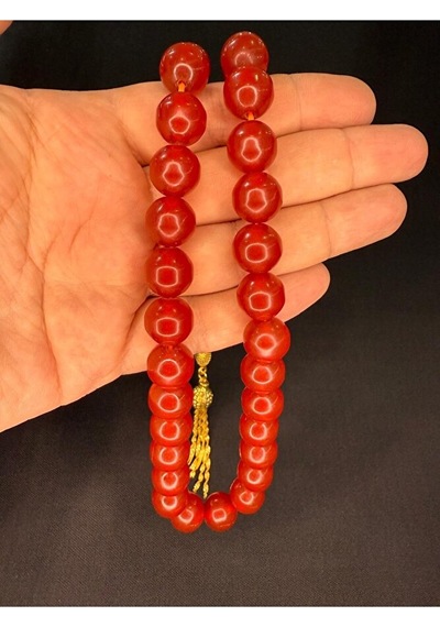 Sevgiliye Özel Hediye Sıkma Çubuk Kehribar Tesbih Küre Kesim Kırmızı Renk 14mmx13mm H-1777.