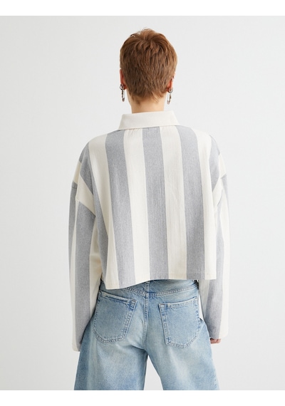 Koton Polo Yaka Oversize Sweatshirt Baskılı Düğmeli Uzun Kollu Gri Çizgili 4sal10668ık Gri