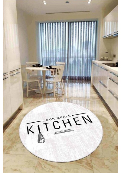 Beyaz Kaymaz Kitchen Yazılı Yuvarlak Mutfak Halısı Ar802n11