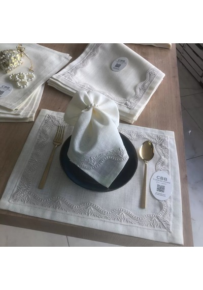 Buradabulabilirsin Sofra Takımı Lina Gardenya Keten Yemek Takımı 160x260 Masa Seti 26 Parça Runner Set Krem Bbz