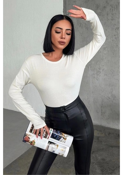 Lisinya Rahat Ve Şık Uzun Kollu Bisiklet Yaka Likralı Viskon Penye Body Ekru Çok Renkli