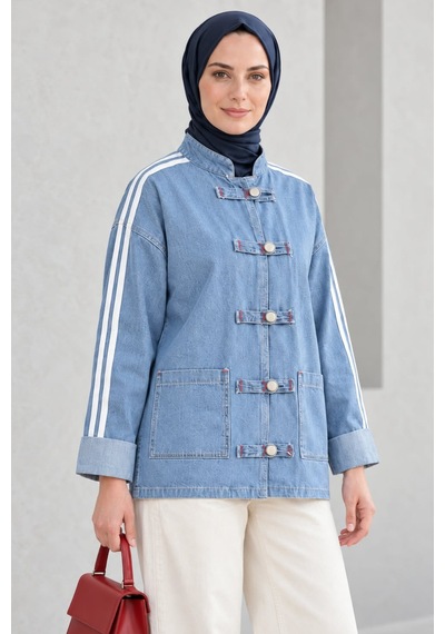 Hb Harma Time Butik Kadın Çizgi Detaylı Düğmeli Cepli Kot Mavi Ceket Mavi Mavi