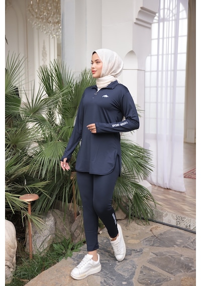 Mimi Luxury Wear Lacivert Kadın Fermuarlı Dalgıç Kumaş Standart Kalıp Jogger Eşofman Takımı 358