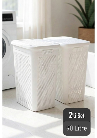 Slim 2'li Kapaklı Dekoratif Kirli Çamaşır Oyuncak Sepeti Çok Amaçlı Sepet 90 Litre - Beyaz