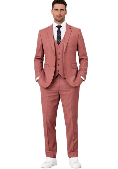 Fabio Cassel Slim Fit Mono Yaka Çift Yırtmaçlı Astarlı Takım Elbise Yelekli Kiremit