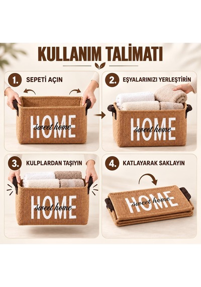 Harmony Home Sweet Home Doğal Jüt Düzenleyici Sepet Katlanabilir, Kulplu, Çok Amaçlı Saklama Kutusu 28 Diğer