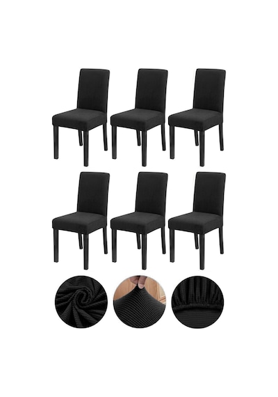 Bambu Nano Kumaş Likralı Yık Anabilir 6'lı Sandalye Kılıfı Lastikli Sandalye Örtüsü 6 Adet - Siyah
