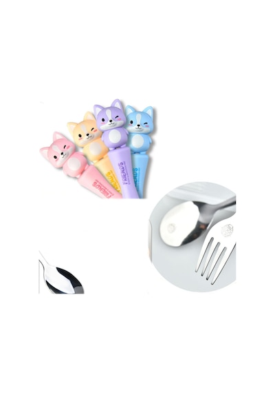 Mavi Renk Kedi Figürlü Premium Çocuk Bpa Free Paslanmaz Çelik Uçlu Çatal-kaşık Set 24+ Ay