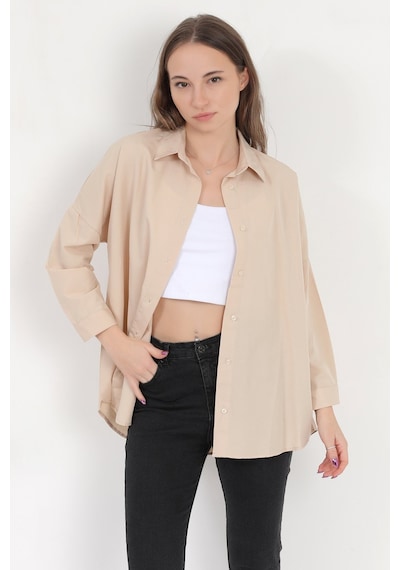 Giysa Kadın Bej Uzun Kollu Basic Pamuklu Oversize Gömlek - 3900 Bej