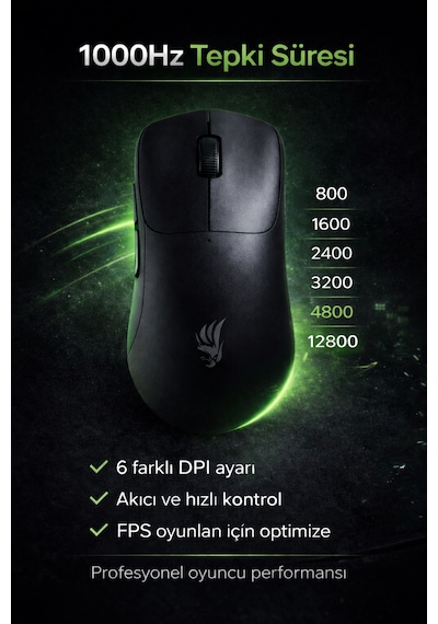 Gaming Kablosuz Mouse Siyah 63g Ultra Hafif 2.4g, Bluetooth, Type-c, 12800 Dpı Şarjlı Ergonomik Makrolu Tasarım Diğer