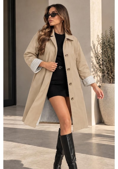 Desenli Astarlı Oversize Kadın Bej Trençkot- Premium Kalite,su Geçirmez