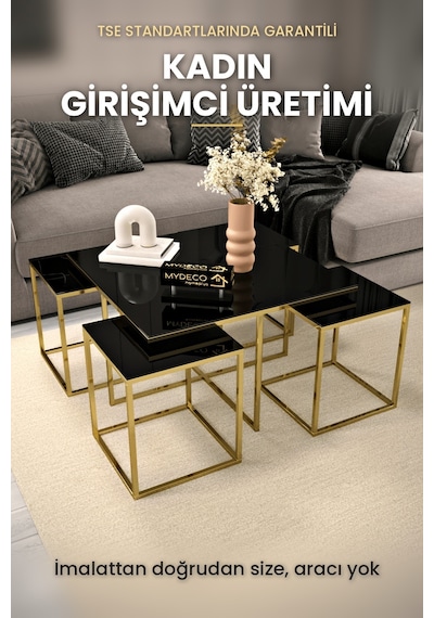 Alberta 5 Parça Gold Zigon Sehpa Takımı Orta Sehpa Yan Sehpa siyah Cam Kurulu Hediye 75x75 Alberta 5 Parça Gold Zigon Sehpa Takımı Orta Sehpa Yan Sehpa siyah Cam Kurulu Hediye 75x75