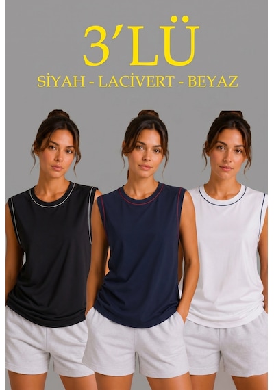 Novalisse Kadın 3 Lü Kolsuz Sporcu Atlet Seti Yazlık Bisiklet Yaka - Siyah, Lacivert, Beyaz Çoklu Renk