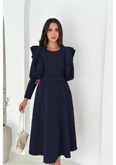 Neşeli Butik Kadın Kol Fırfırlı Kemerli Midi Boy Elbise Nbk4309 Lacivert