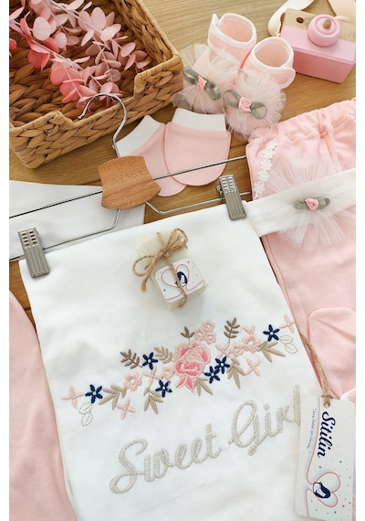 Sitilin Kız Bebek Pembe 10'lu Hastane Çıkışı Natural İşlemeli Set Stl4663 Ekru