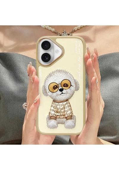 Apple Uyumlu iPhone 16 Gerçek Nakış İşlemeli Gözlük Ve Zincir Aksesuarlı 3d Köpekli Kılıf Şeffaf