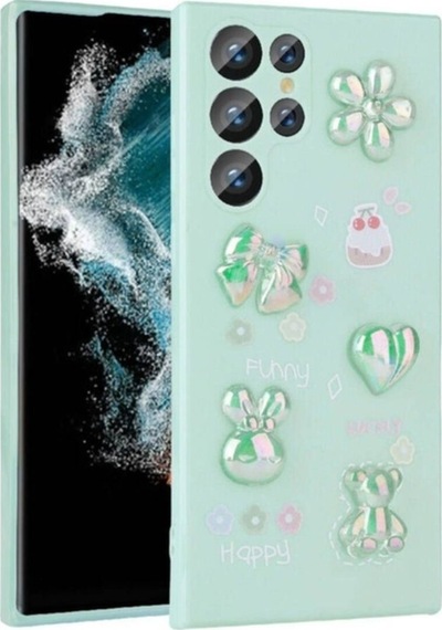 Galaxy S22 Ultra Kılıf Kabartma Figürlü Parlak Zore Toys Silikon Kapak Light Green